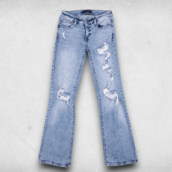 Aeropostale Low Rise Flare Jeans Women 6R Med Blue Distressed Boho Retro Hippie - Picture 1 of 11
